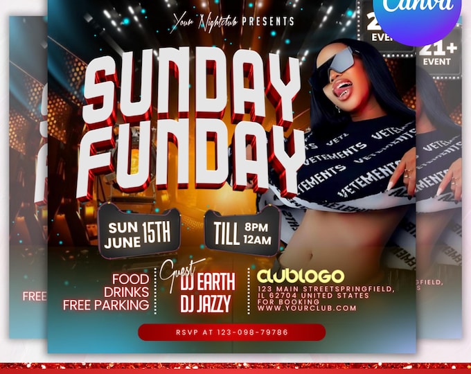 Sunday Funday Party Flyer, Sunday Party Flyer, Sunday Club Party Flyer, Sunday Club Flyer Template, Club Party Flyer, Canva Editable