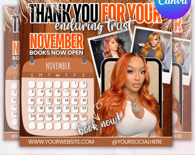 November Booking Flyer, Fall Szn Booking Flyer, Thanksgiving Book Now, November Hair Lash Nail Braids MUA Wig Autumn Flyer, Canva Editable