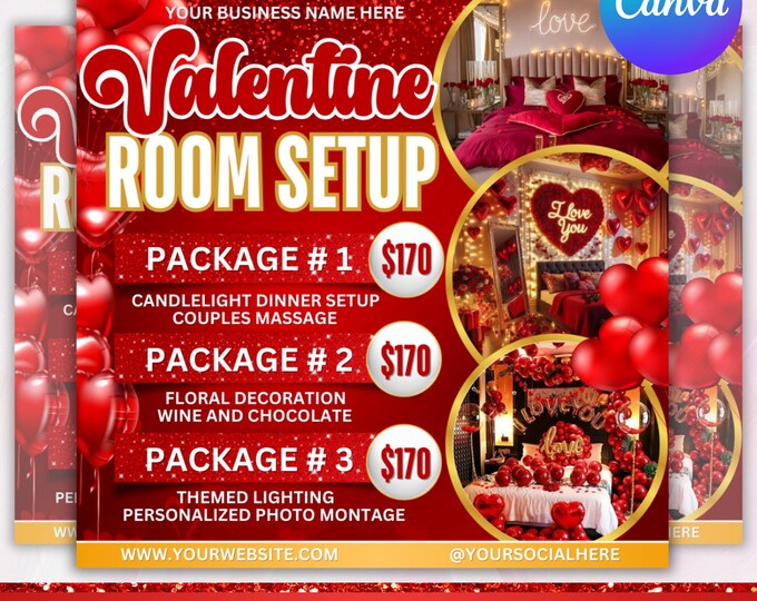 Room Setup Valentine Booking Flyer, Valentine Day Flyer, Event Supplies Flyer, Valentine Room Setup, Party Rentals Flyer, Canva Editable