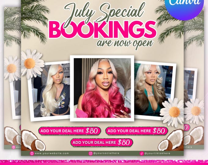 July Booking Flyer, July 4th Flyer, Now Booking July, Hair Braid Lash Brow Flyer, Books Open, Nail wig install Hair Flyer, Canva Editable