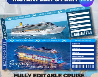 Editable Cruise Ship Ticket Template, Printable Cruise Trip Ticket, Cruise Surprise Boarding Pass, Surprise Vacation Boarding,Canva Editable