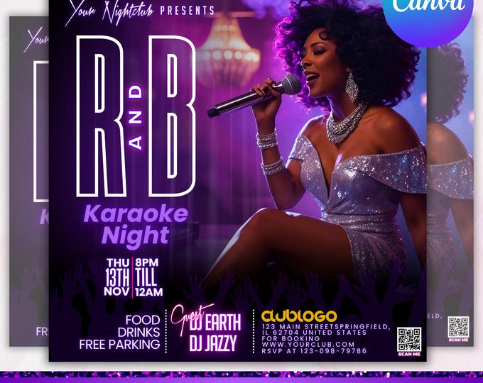 R&B Karaoke Flyer, Nightclub Party Flyer, RnB Music Party Flyer, Karaoke Night Invite, DJ Party Invite, Social media flyer, Canva Editable,