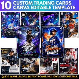 May include: A set of ten custom baseball trading cards, each featuring a player's name, team, and stats. The cards have a dynamic design with a purple and blue colour scheme. Text on the cards includes "PRIME" and "MVP". The cards are Canva editable.