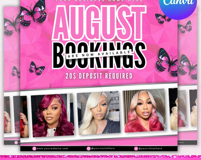 August Booking flyer, August Appointment Flyer, Back To School Flyer, Back to school sale flyer, Hair Braids Lash Wig Flyer, Canva Editable