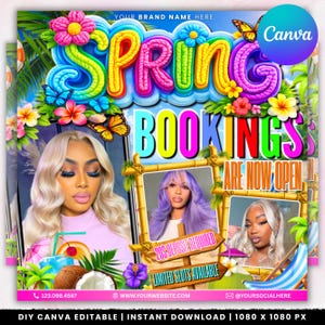 May include: A colorful digital advertisement with the words "SPRING BOOKINGS ARE NOW OPEN." The design features images of women, flowers, butterflies, and tropical elements. The ad includes contact information and a Canva logo.
