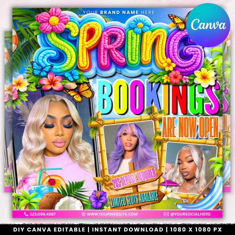 Spring Break Booking Flyer, Spring Booking Flyer, Spring Break Sale Flyer, Spring Special Flyer, Hair Lash Nail Makeup Braids,Canva Editable Spring Break Flyer, March Bookings, Editable Spring Glam Flyer Template, Spring Flyer, Book Now Flyer, Canva Template Instant Download  Spring Break Flyer, Spring Booking Flyer, Editable Spring Flyer Template, Book Now Flyer, Braids Flyer, Canva Template Instant Download