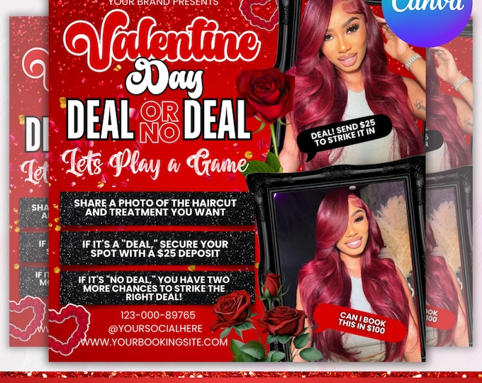 Valentine Deal or No Deal Flyer, February Deal or No Deal Flyer,Valentine Day Flyer,February Booking Flyer,  Hair Braids Wig ,Canva Editable