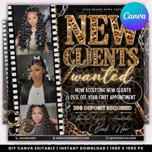 May include: A digital advertisement with the text "NEW CLIENTS wanted" in gold, leopard print lettering. The ad includes images of women with styled hair, and details about a discount and deposit.