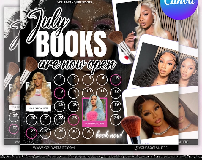 July Booking Flyer, July 4th Flyer, Now Booking July, Hair Braid Lash Brow Flyer, Books Open, Nail wig install Hair Flyer, Canva Editable