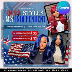 July Booking Flyer, July 4th Flyer, Now Booking July, Hair Braid Lash Brow Flyer, Books Open, Nail wig install Hair Flyer, Canva Editable