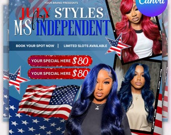 July Booking Flyer, July 4th Flyer, Now Booking July, Hair Braid Lash Brow Flyer, Books Open, Nail wig install Hair Flyer, Canva Editable