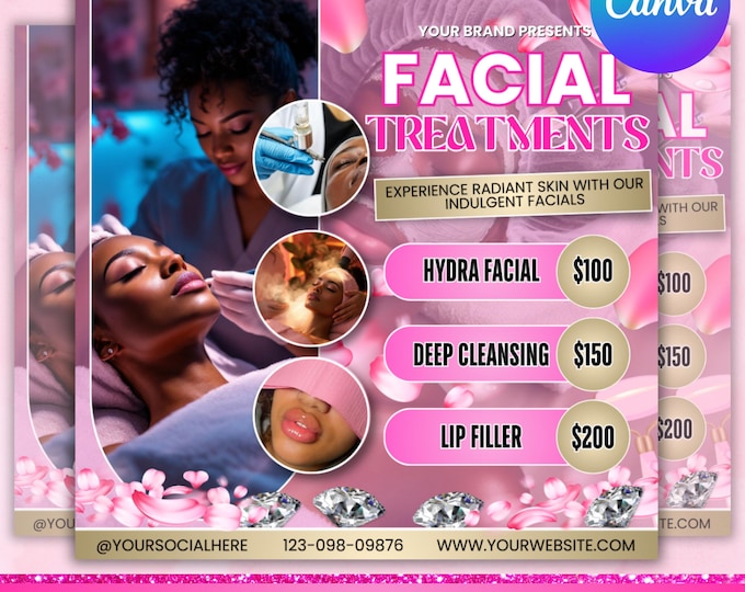 Facials Flyer, Facial treatment flyer, Esthetician booking flyer, Hydrafacial Flyer, Salon Spa Flyer, DIY Facials sale flyer, Canva Editable