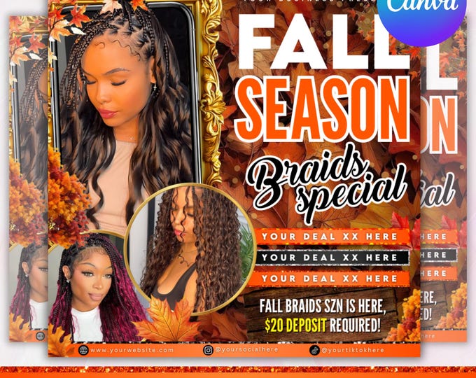 Fall Season Booking Flyer, September booking flyer, September flyer, Fall Szn Sale, Wig Install, Lash Nail Braids Flyer, Canva Editable