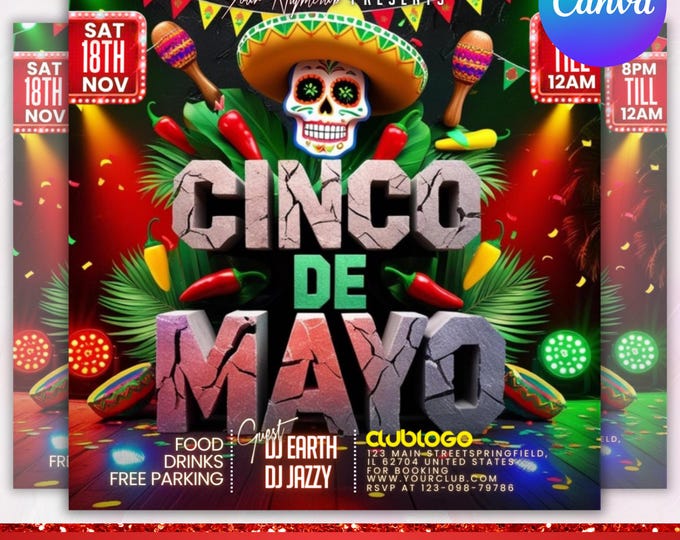 Cinco De Mayo Flyer, Mexican Party Flyer, Diy Cinco De Mayo,  Club Flyer Template for Canva, Diy Event Flyer, Party Flyer, Canva Editable