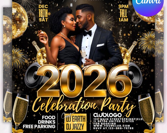 New Year Party Flyer 2026, Year Event Flyer, Night Party Flyer, Night Club Flyer, Countdown Night Event, Happy New Year, DIY Party Template
