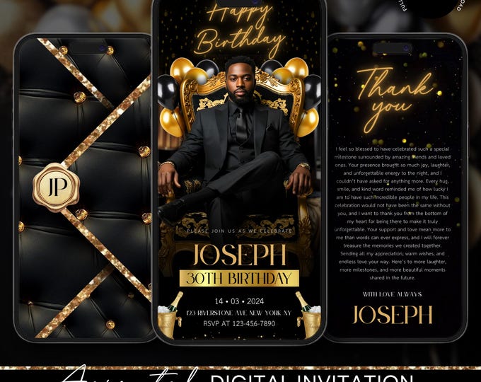 Men’s Birthday Video Invitation, Men's Birthday Invitation, Luxury Black and Gold Birthday Invitation, 40th 50th 60th Birthday Party Evite