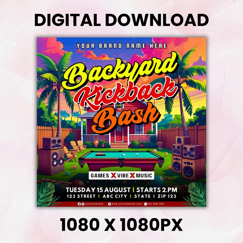 Kickback Party Flyer, Editable Kickback Club Flyer, Club DJ Party Invite, Event Flyer, Social Media Flyer, Canva Template, Instant Download Backyard Kickback Flyer, Games & Vibe Flyer, Summer Outdoor Event Flyer, DIY Canva Editable Design Template, Social Media Flyer, Party Flyer Backyard Kickback Flyer, Games & Vibe Flyer, Summer Outdoor Event Flyer, DIY Canva Editable Design Template, Social Media Flyer, Party Flyer