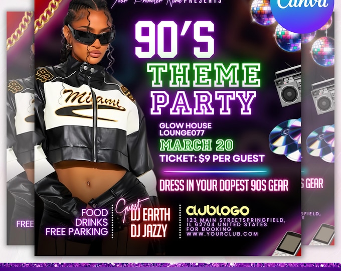 90s Throwback Party Flyer, Retro Birthday Party flyer, Premade 90s Theme Old School Party flyer, Club Party flyer, Canva Editable