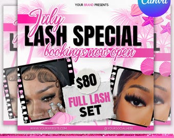 July Lashes Flyer, July Bookings Flyer, July Specials Flyer, July Lash Template, July Appointments Flyer, Lash Tech Flyer, Canva Editable