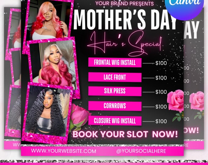 Mother's Day Booking Flyer, Mother's Day Special Flyer, Mother's Day Social Media Post,Mother's Day Deals Hair Braids Makeup, Canva Editable