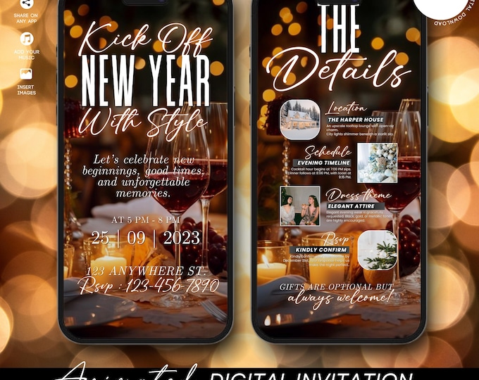 Animated New Year’s Eve Party Invitation 2026, Black Gold NYE Evite, Editable Digital Celebration Invite, Phone Text eCard, Canva Editable