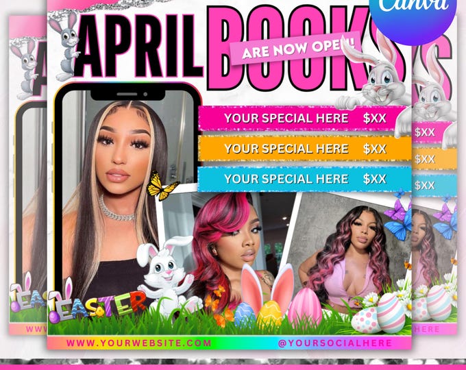 April Booking Flyer,  Spring Books Open, Spring Booking, April Beauty Specials, Spring Appointments Available, Lashes Hair, Canva Editable