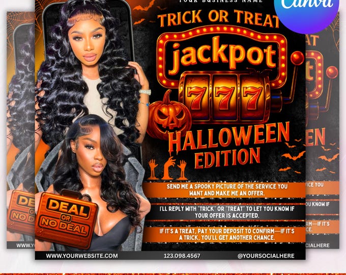 Deal or No Deal Halloween Booking flyer, October Booking Flyer, Halloween Hair Flyer, Spooky SZN Flyer,Nails MUA Lash Locs Wig, DIY Canva