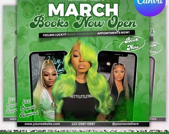 March Booking Flyer, St. Patrick Day Flyer, March Madness Flyer, March Book Now, March Hair, March Lashes Nails Flyer, Canva Editable