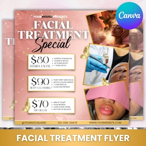 Może przedstawiać: Różowo-złota ulotka promująca zabiegi na twarz. Ulotka zawiera tekst "FACIAL TREATMENT Special" oraz szczegóły dotyczące zabiegów Hydra Facial, Deep Cleansing i Lip Filler. Ulotka zawiera również zdjęcia osób poddających się zabiegom na twarz.