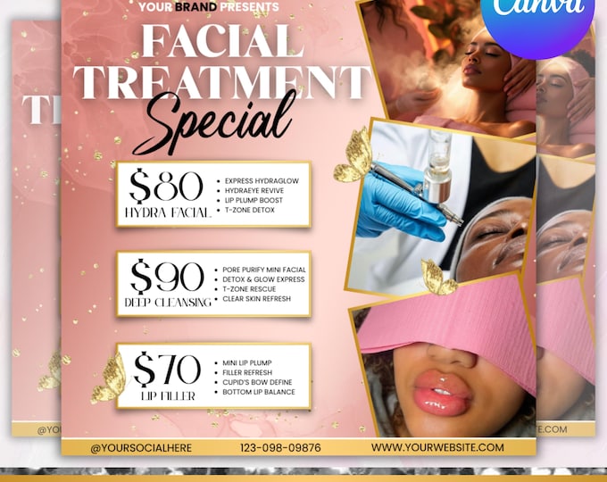 Facials Flyer, Facial treatment flyer, Esthetician booking flyer, Hydrafacial Flyer, Salon Spa Flyer, DIY Facials sale flyer, Canva Editable
