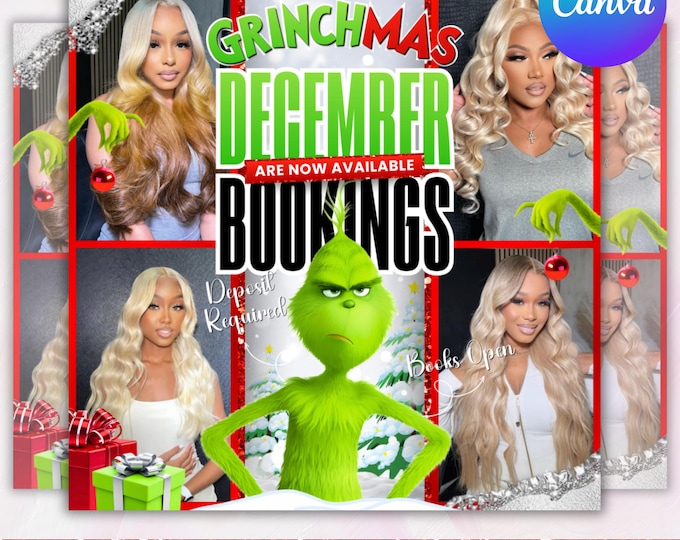 Grinchmas Beauty Flyer, Christmas Booking Flyer,December Bookings,Digital flyer,December Appointment Flyer, Canva Diy digital Flyer Template