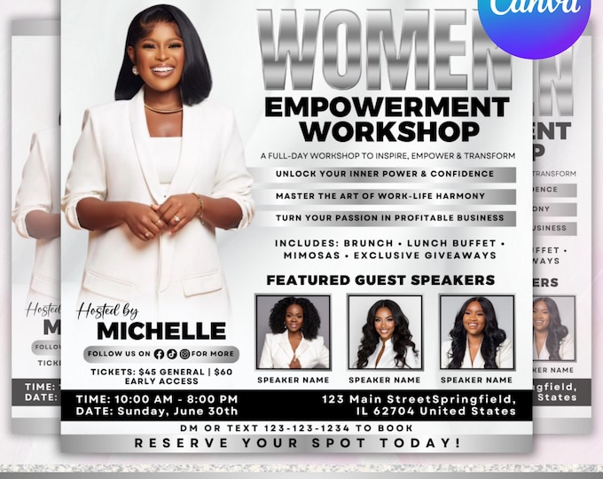 Women Empowerment Flyer, Women's Conference Flyer, Women's Workshop, Guest Speaker Flyer, Women's Brunch,Premade Event Flyer, Canva Editable
