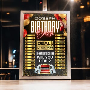 Deal or No Deal-poster, poster verjaardagsgame, game bewerkt voor je verjaardag 21e 30e 40e 50e 60e 70e, Canva bewerkbaar