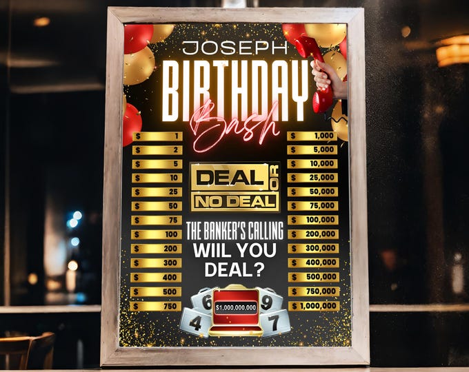 Deal Or No Deal Poster, Birthday Game poster, Game Edited To Suit Your Birthday 21st 30th 40th 50th 60th 70th, Canva Editable