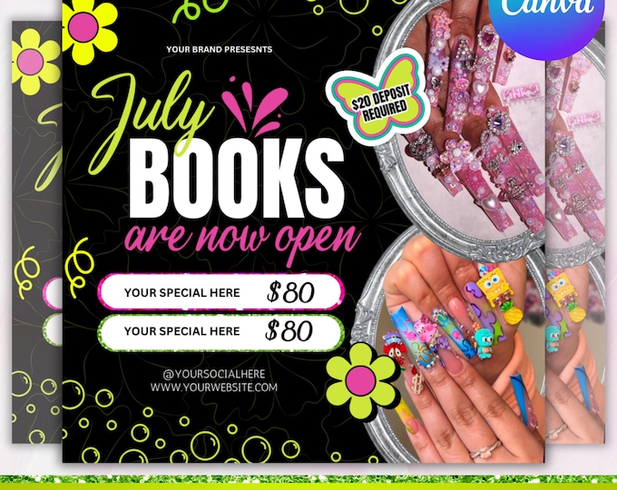 July Booking Flyer, July 4th Flyer, Now Booking July, Hair Braid Lash Brow Flyer, Books Open, Nail wig install Hair Flyer, Canva Editable