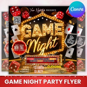 Flyer para festa de noite de jogo, Flyer para festa de clube, Flyer para evento adulto, Convite para jogo, Pôquer, Bingo, Chass, Flyer para noite de cassino, Canva editável