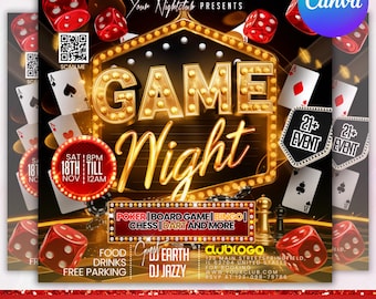Game Night Party Flyer, Club Party Flyer, Adult Event Flyer, Game Invitation, Poker, Bingo, Chass, Casino Night Flyer, Canva Editable