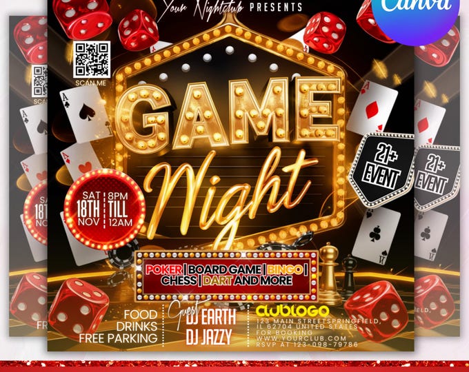Game Night Party Flyer, Club Party Flyer, Adult Event Flyer, Game Invitation, Poker, Bingo, Chass, Casino Night Flyer, Canva Editable