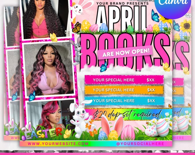 April Booking Flyer, Spring Books Open, Spring Booking, April Beauty Specials, Spring Appointments Available, Lashes Hair, Canva Editable