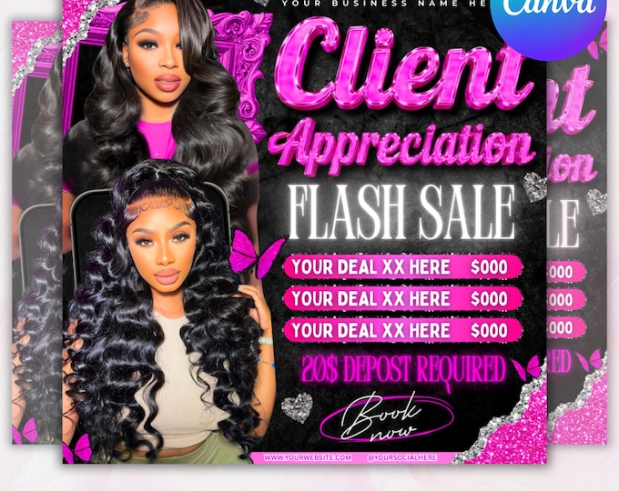 Client Appreciation Flyer, Client Appreciation Sale Flyer, Book Now Flyer, Hairstylist Flyer Nail Lash Tech, Wigs Braid Flyer Canva Template