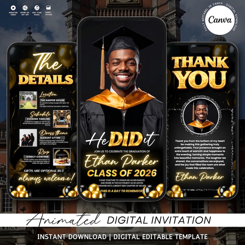 Black and Gold Luxury Graduation Digital Invitation, Graduation Party, Graduation Ceremony, For Boys and Girls, For men and women Graduation Flyer | Customizable DIY Invitation Flyer | Graduation Invitation Flyer | Social Media Flyer | Simplistic | Class of 2025 Digital Graduation Invitation, Graduation Party, Graduation Invitation, Congrats to the Grad flyer, Class of 2025 flyer, Grad Announcement