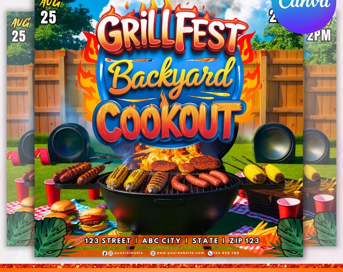 Backyard Cookout Flyer, BBQ Flyer, Summer Cookout Flyer, Food Flyer, Party Flyer, House Party Flyer, Social Media Flyer, Canva Editable