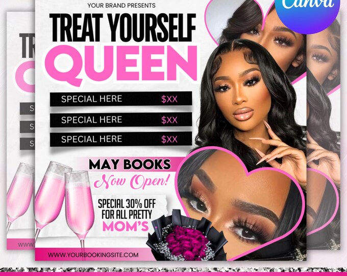 May Booking Flyer, Mother's Day Booking Flyer, May Books open, May Appointment Flyer, Hair Braids Wig Lashes Flyer, Canva Editable