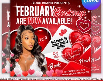 February Booking Flyer, Valentines Day Booking Flyer, February Booking, Hair Braids Nail Lash Makeup Wig Install , Canva Editable