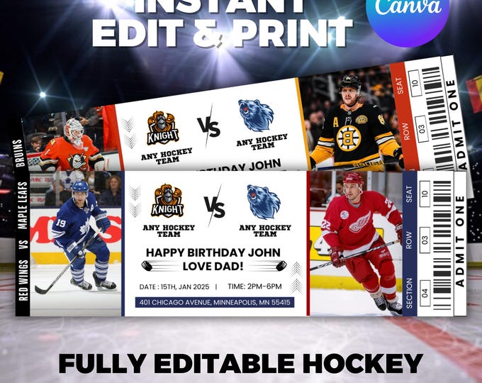 Editable Hockey Ticket, Hockey Ticket Template, Surprise Hockey Game Ticket, Printable Sports Ticket Gift for Him,  Canva Editable