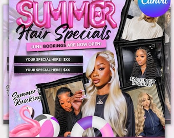 Summer Hair Flyer, Summer Sale Bookings flyer, Summer Braid Sale Flyer, June Booking Flyer, June Appointment Flyer, Canva Editable