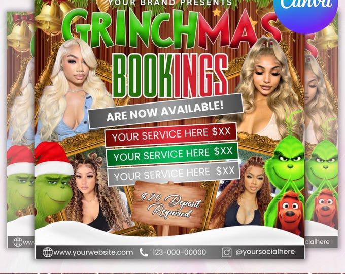 Grinchmas Flyer, December Booking Flyer, Christmas Booking Flyer, Hair Lash Nail Makeup, Holiday Booking Flyer, DIY Book Now Flyer