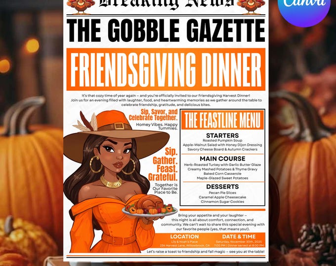 Friendsgiving Dinner Newspaper Invitation & Menu, Digital Turkey Editable Potluck Party Template, Thanksgiving Printable Fall Flyer Evite