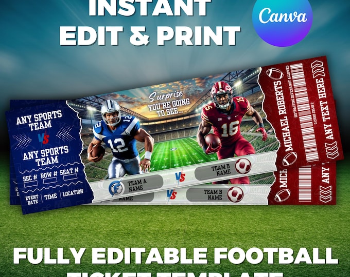 Editable Football Ticket, Football Game Ticket Gift, Football Birthday Ticket, Template Anniversary or Birthday Gift, Canva Editable