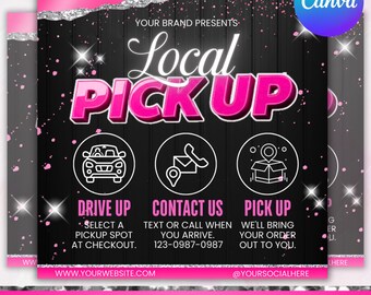 以下が含まれることがあります： ピンクと黒のチラシで、「Local Pick Up」というテキストが大きく太字のピンクの文字で書かれています。チラシには、車、電話、箱の3つのアイコンがあります。アイコンの下のテキストは、「Drive Up」、「Contact Us」、「Pick Up」です。チラシには、「Your Brand Presents」、「www.yourwebsite.com」、「@yoursocialhere」というテキストも含まれています。